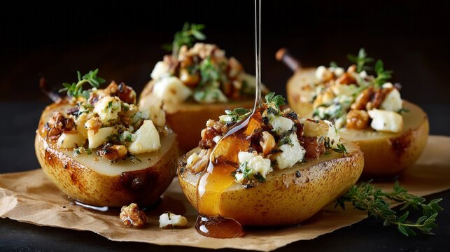 Four baked pear halves topped with cheese, nuts, and thyme