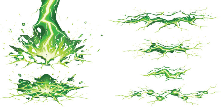 Set of green energy magic impact effects with lightning bolts and ground cracks for game design elements