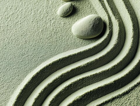 Matcha powder creating zen garden sand patterns with stones