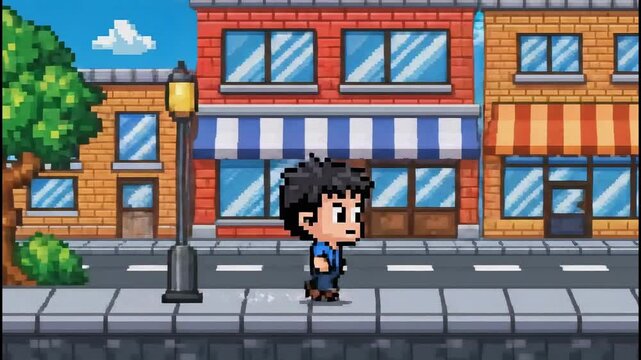 Pixel City Street Side Scroller Character Walking Past Colorful Storefronts And Red Car, Lamp Posts And Treelined Sidewalk, Bright Blue Sky And Arcadestyle Sprite Animation Evoking Playful Urban.