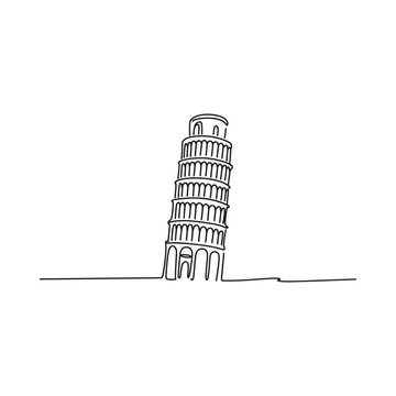 A continuous line drawing depicts the leaning tower of pisa in italy