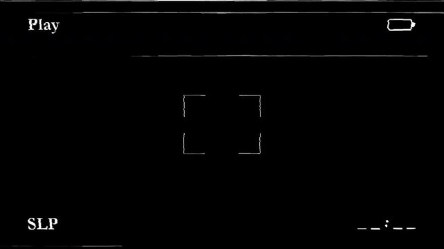 Vintage VHS Camera Overlay with Target Frame and Low Battery Indicator, Static Glitch CRT Noise Texture Retro Playback Effect 4K