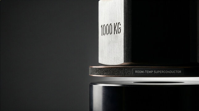 Room-Temperature Superconductor: Room-Temperature Superconductor: Extreme stress test showing 1000kg steel weight supported by thin levitating module, copy space..