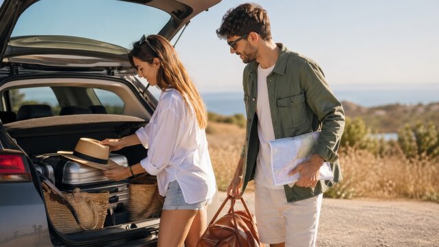 Young couple packing the trunk of a car for a summer coastal road trip with luggage and a paper map.