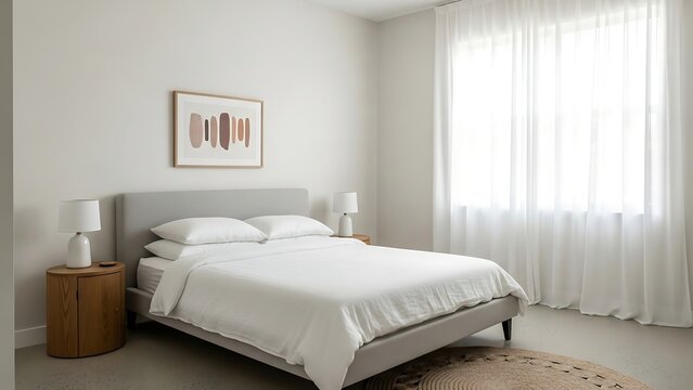 Modern bedroom with white bedding furniture.