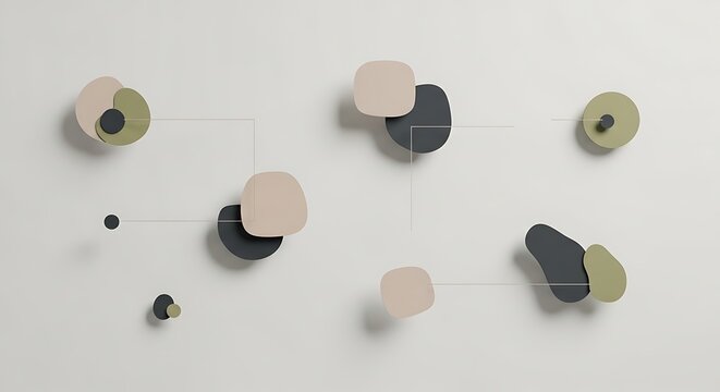 "Minimalist abstract composition of scattered organic and geometric paper cutouts in soft pastel tones &mdash; blush pink, sage green, charcoal gray, and off-white &mdash; floating on a clean white background wit