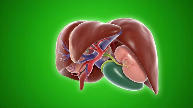 3D Medical Render of a Human Liver Highlighting Detailed Anatomy Against Vibrant Green Background