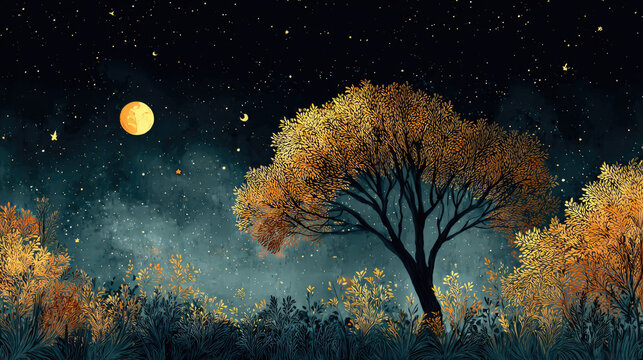 Lonely tree beneath glowing full moon concept. A serene night landscape featuring a tree under a starry sky.