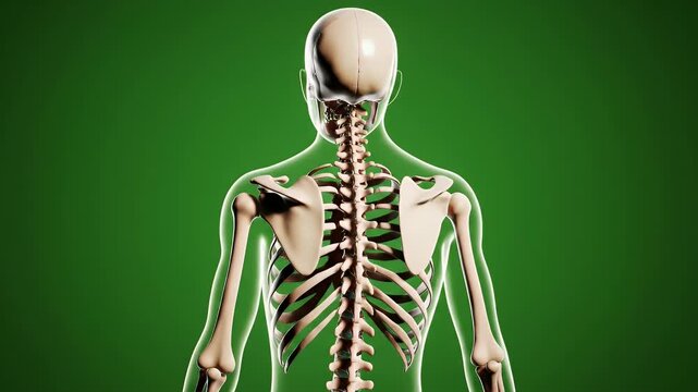 3D Medical Render of Full Human Skeleton Side Profile Against Vibrant Green Background