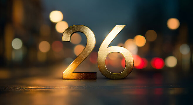 Golden Number 26 Illuminated on Reflective Surface with Bokeh Background.