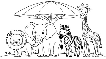 Obraz premium Cute cartoon safari animals under an acacia tree outline illustration black and white line art wildlife