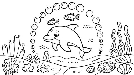 Obraz premium Happy dolphin swimming in the ocean with fish coral bubbles underwater creature wildlife illustration