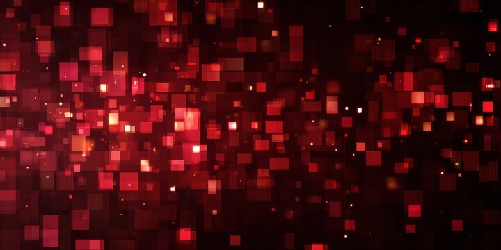 Red glowing particles and squares float against a dark background.