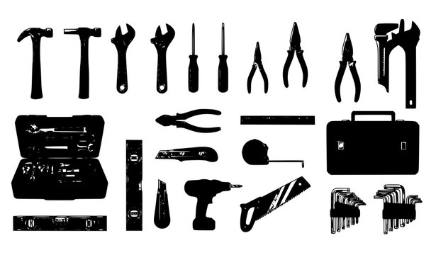 Hand tools and toolbox vector set in grid layout with hammer wrench screwdriver and repair equipment