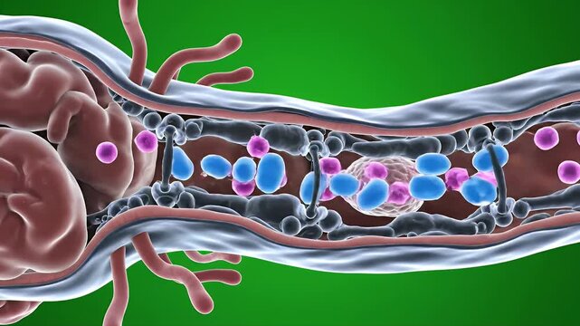 3D Medical Visualization of Human Blood-Brain Barrier Showing Cellular Interactions and Molecular Structures