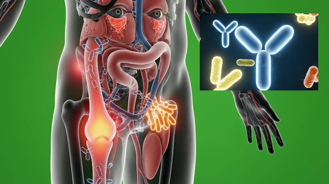 3D Medical Visualization of Human Anatomy with Immune Response Highlighting Antibodies Against Pathogens in Green Background