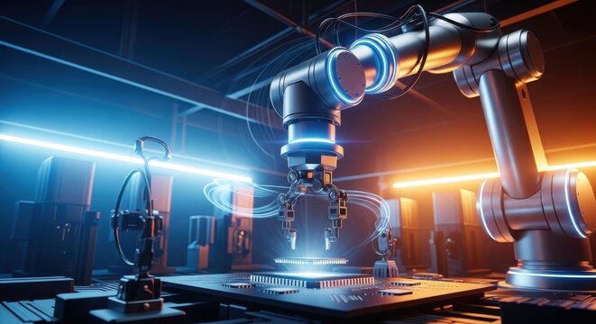 Industrial robotic arm precisely positions advanced microprocessor onto circuit board illuminated by neon lights, showcasing innovation and automated manufacturing in technology laboratory.