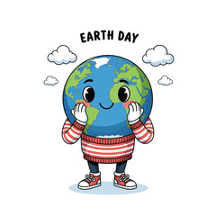 Obraz premium Cute earth character celebrating earth day with hands up