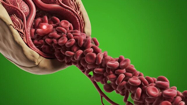 3D Medical Visualization Showcasing Flow of Red Blood Cells Through a Blood Vessel With Cellular Interactions