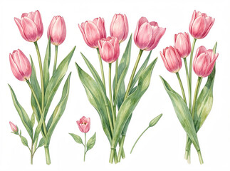 Obraz premium Pink tulips with green stems and leaves. Tulips in different stages of bloom. Watercolor style illustration. Clean white background. Detailed botanical elements