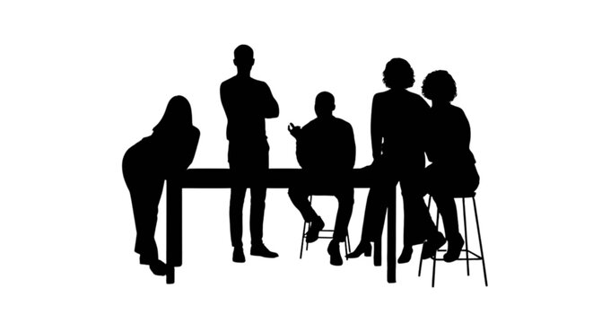 Silhouette group discussing at table isolated on transparent background, Vector