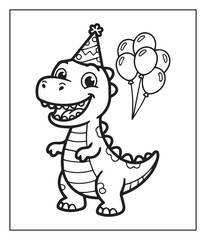 Fototapeta premium Cute cartoon dinosaur wearing birthday hat with a bouquet of balloons black outline vector illustration print ready coloring book design for kids