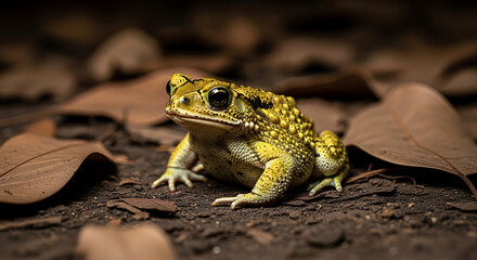 Obraz premium A yellow toad with black spots sits on the forest floor surrounded by fallen leaves, showcasing its textured skin and alert eyes