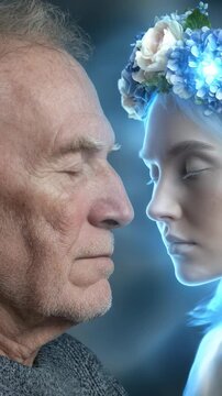 Elderly man's longing for his deceased loved one, deep soul suffering, sadness from separation, the pain of loss and death, a spiritual memory and eternal connection