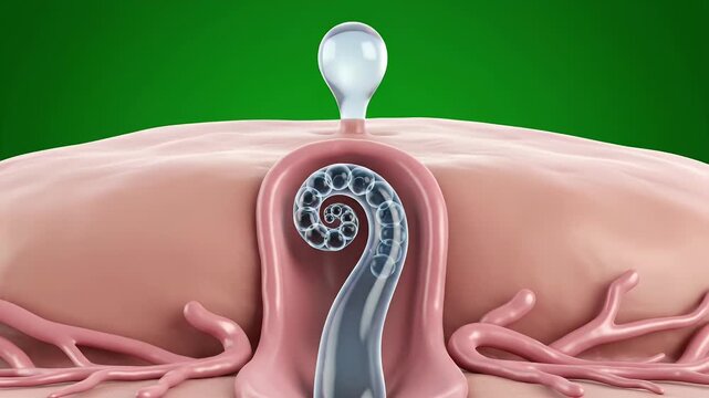 Anatomical CGI Visualization of Eccrine Sweat Gland with Detailed Structure and Function Against Green Background