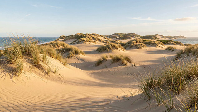Breathtaking panorama of a sandy beach with rolling dunes and grassy tufts under a clear sky.
