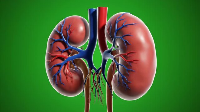 CGI Illustration of a Pair of Human Kidneys Showcasing Intricate Vascular Structures Against a Vibrant Green Background