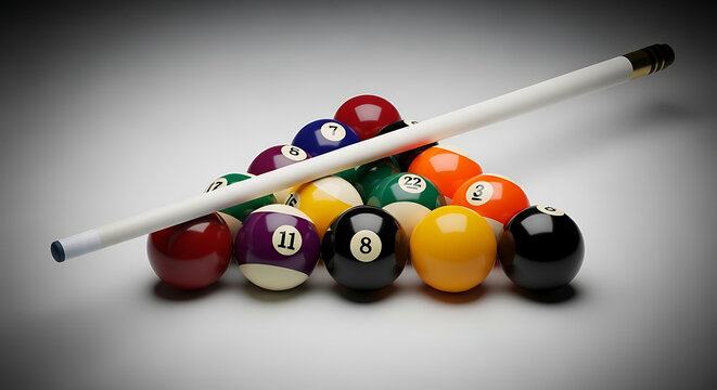 Billiard balls arranged in a triangle rack with a cue stick resting on top, setup for a game of pool with numbered balls and striped balls, indoor sport equipment