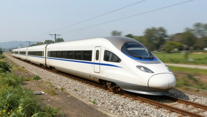 Fototapeta premium High speed train approaching along rural railway tracks