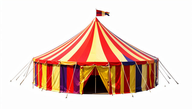 A vibrant circus tent in red, yellow and white colors.
