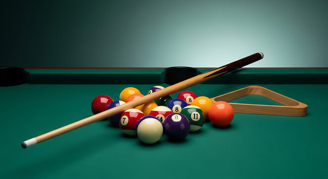 Billiard balls racked on a green felt table with a cue stick and rack, ready for a game of pool, sports concept