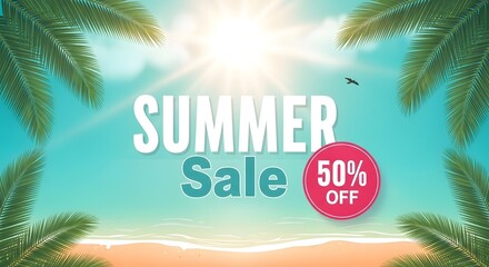 Fototapeta premium Summer sale advertisement with palm trees and bright sunlight
