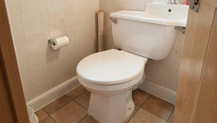 Fototapeta premium A pristine white porcelain toilet in a modern bathroom setting.