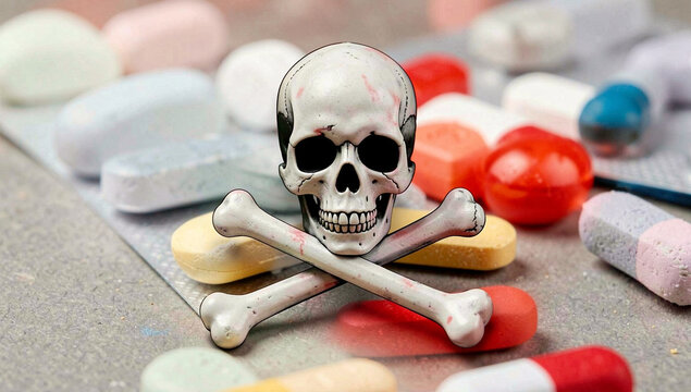 A white plastic skeleton skull is posed with colorful candy pills on a gray surface, symbolizing the danger of drug addiction or overdose.
