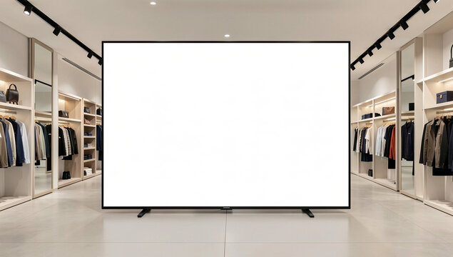 A clean and empty display stand with surrounding shelves of clothing items.