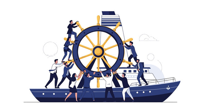People working on a ship wheel.