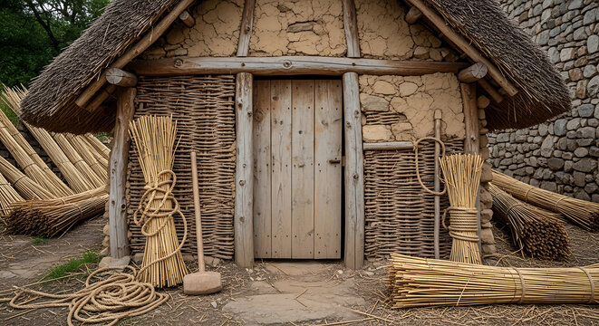 Ancient wattle and daub hut with thatched roof and wooden door, historical dwelling, rustic rural construction, primitive shelter, outdoor scene