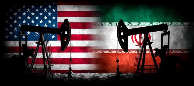Oil rigs with Iran and America flags background. Country rivalry tension. Generative video AI technology.