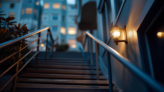 Narrow urban staircase and stairwell in a residential alley between buildings with a single light on at night conveying moody city atmosphere