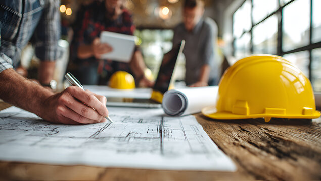 Architects and engineers reviewing blueprints and plans on a construction site.