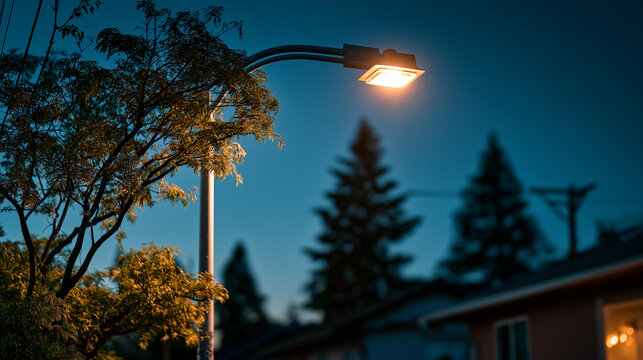 Solitary streetlight glow over a residential neighborhood at predawn blue hour sky conveying quiet urban calm