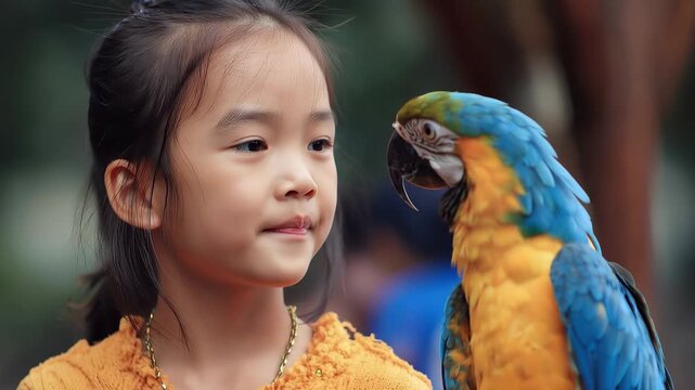 Cute Asian girl admires a beautiful macaw during a lively outdoor gathering in a vibrant setting full of colors and lively sounds