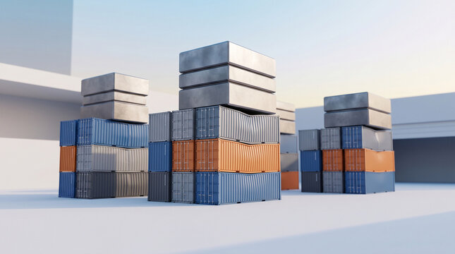 Cargo container port tariff risk analysis, stacked shipping container in warehouse yard