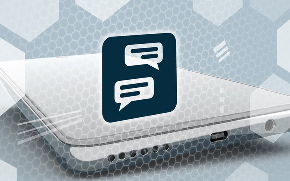 Abstract technology concept design featuring a modern smartphone with a floating message icon on a stylized hexagonal geometric background for digital communication.