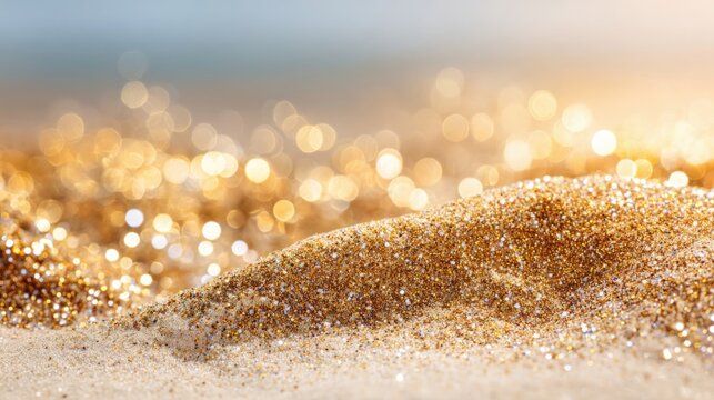 Close-up view of coarse sand with embedded sparkling mica flakes catching the light, creating a dazzling golden texture.