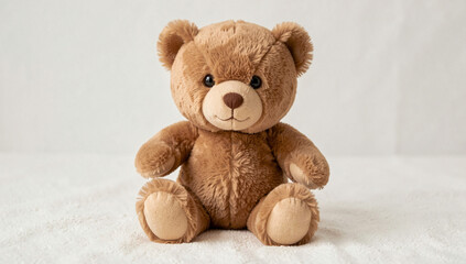 Fototapeta premium A cute brown toy bear sitting upright on a soft surface with white background.